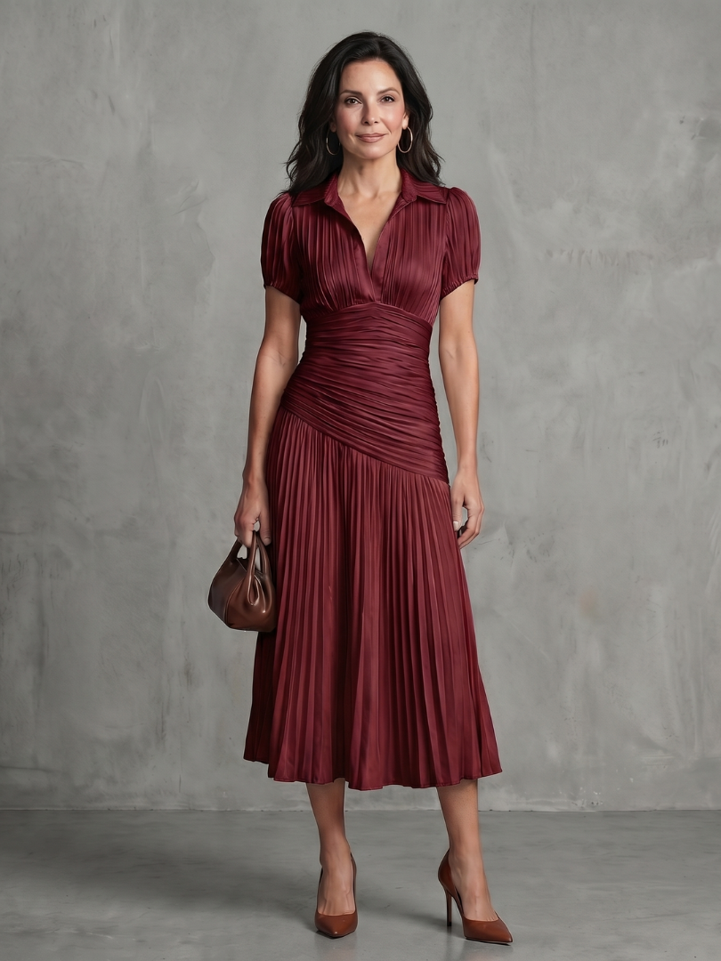 Theodora | Vestido Midi con Plisado y Rayas en la Cintura