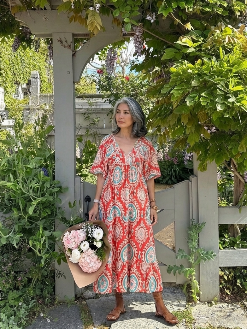 Zaria | Vestido Midi de Manga Corta con Estampado Paisley en V