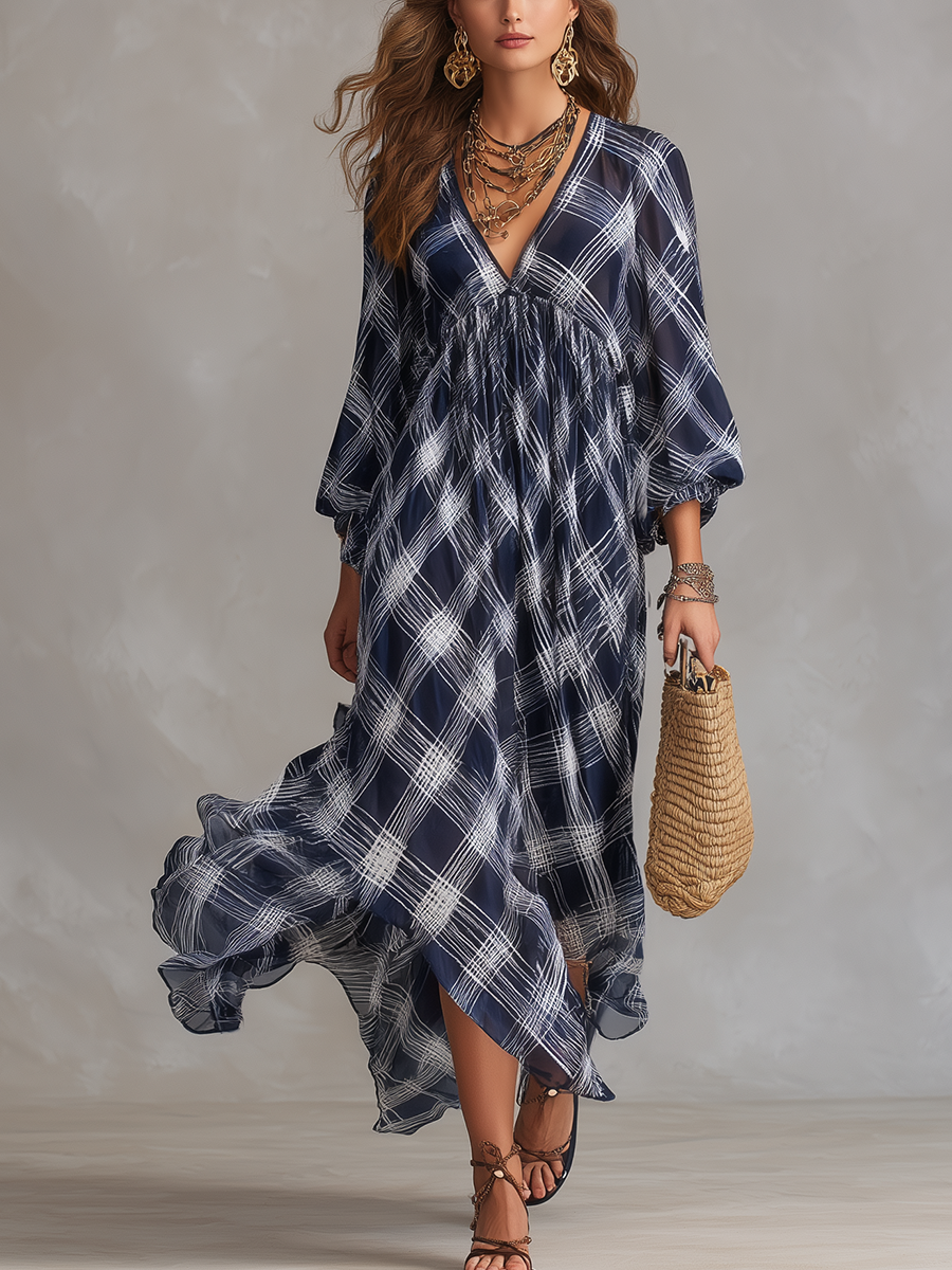 Vestido Maxi Fluido a Rayas en Azul Marino de Estilo Francés