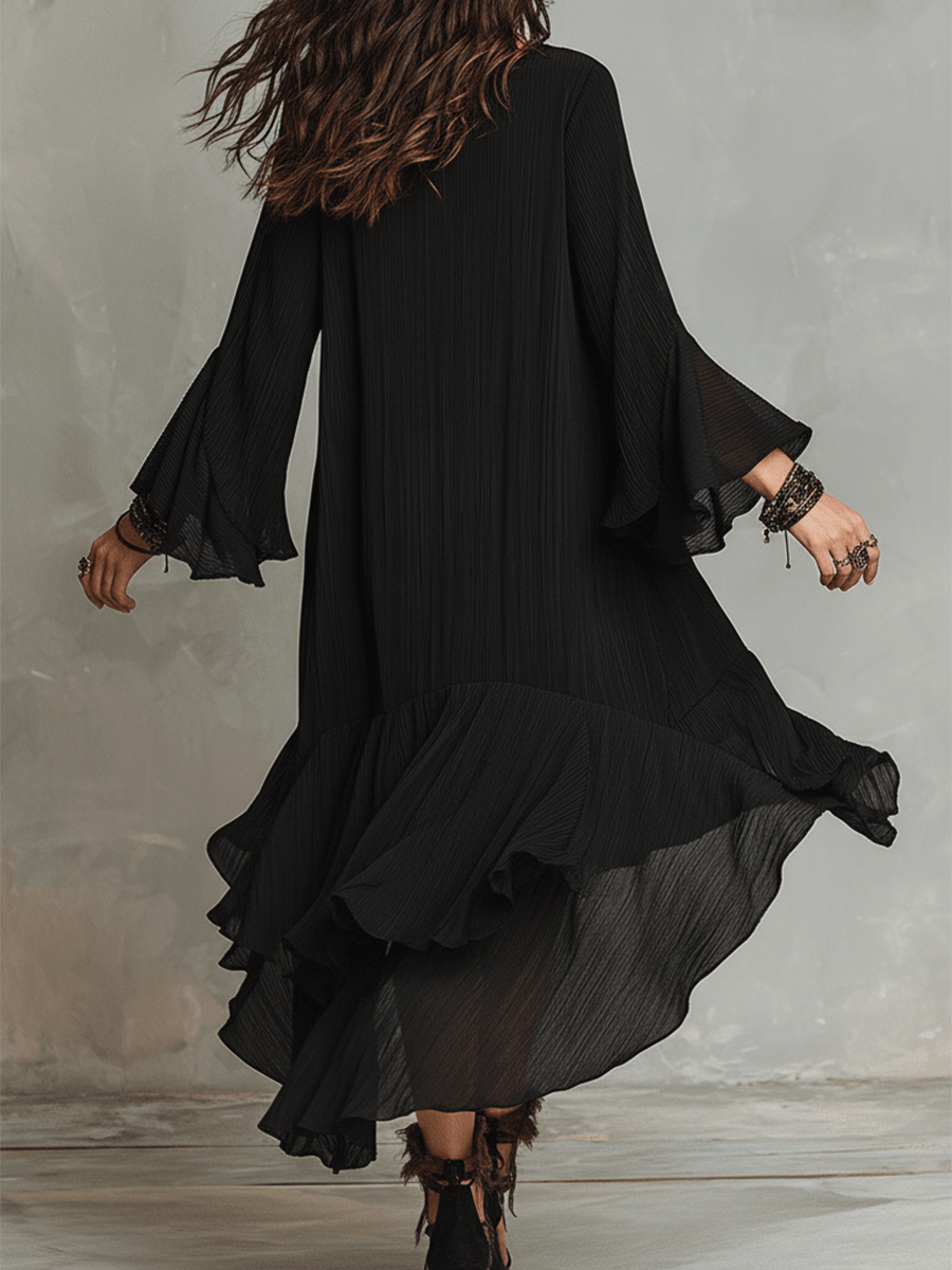 Elegante Vestido Midi Boho Negro con Volantes Asimétricos