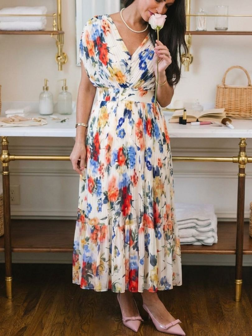 Savannah | Vestido Midi de Flores con Mangas Cortas y Pliegues