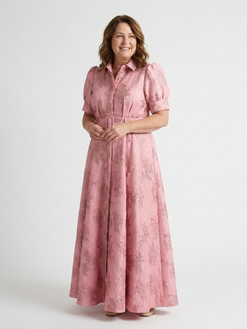 Xanthea | Vestido de Camisa Maxi Texturizado Floral con Manga Corta y Cinturón