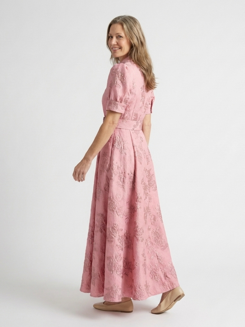 Xanthea | Vestido Maxi de Manga Corta con Cinturón y Textura Floral