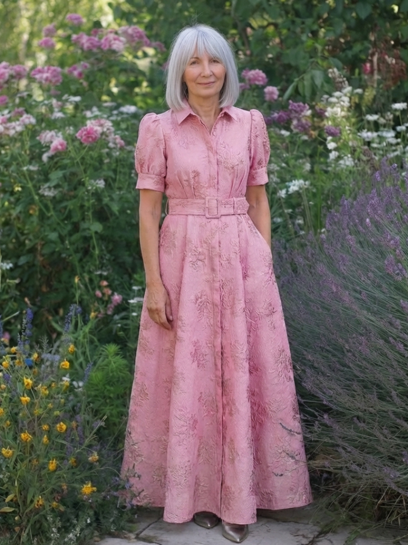 Xanthea | Vestido Maxi de Manga Corta con Cinturón y Textura Floral