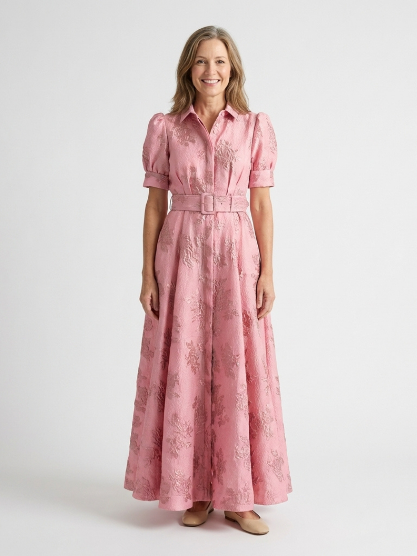 Xanthea | Vestido Maxi de Manga Corta con Cinturón y Textura Floral