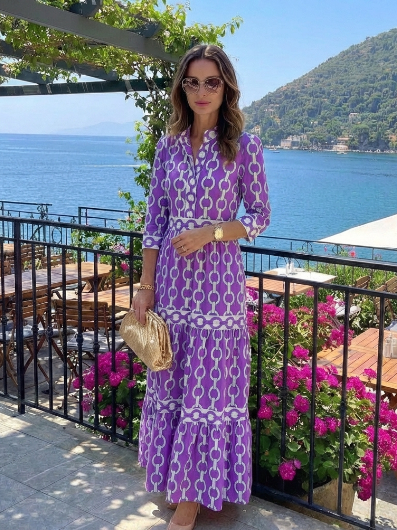 Ysolde | Vestido Midi de Manga Tres Cuartos con Patrón de Cadena