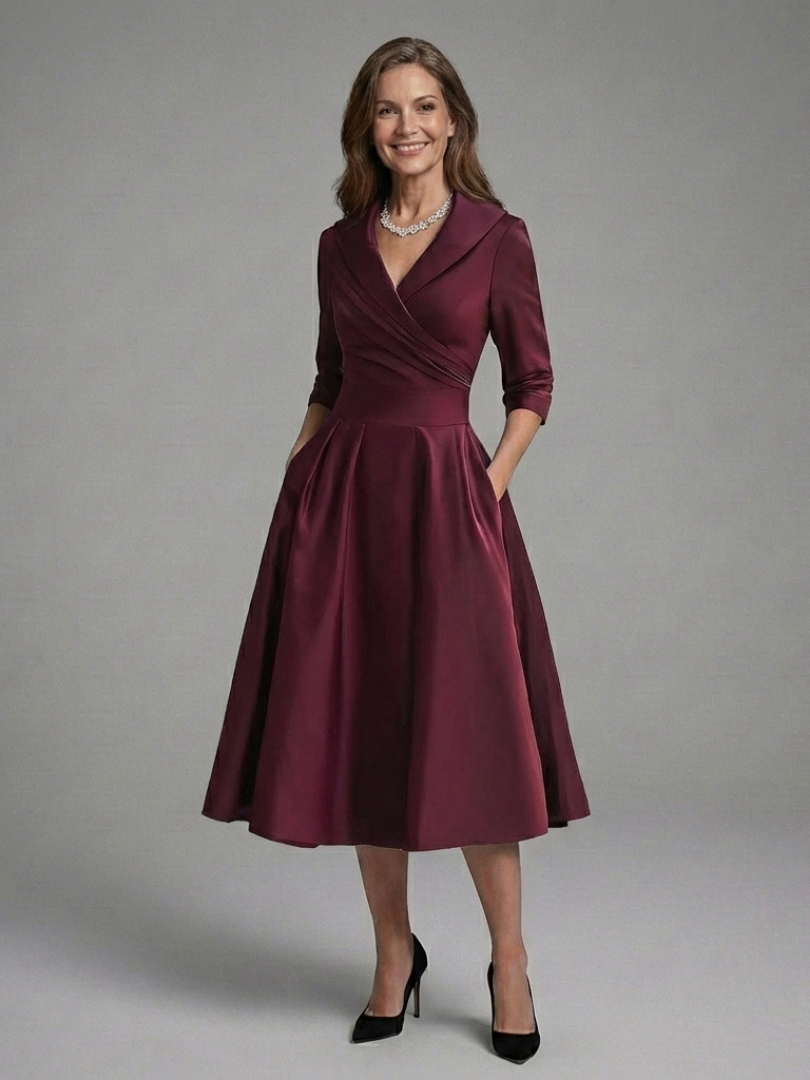 Genevieve | Vestido Midi con Cuerpo Envueltos y Manga Tres Cuartos