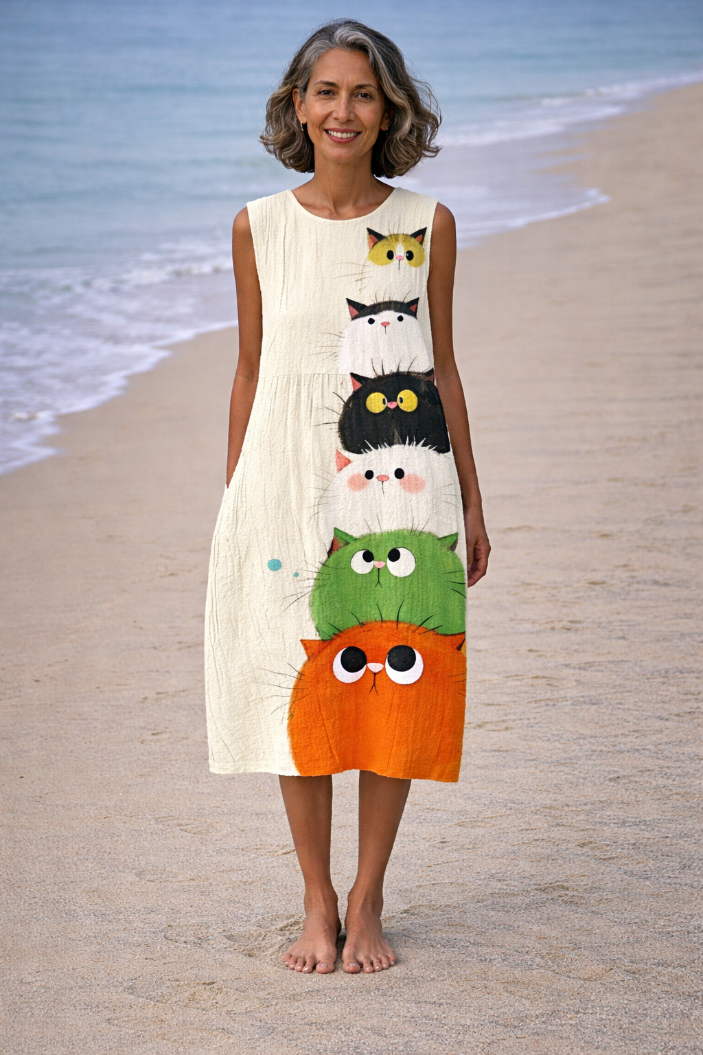 Zoé | Vestido midi con estampado de gato lindo