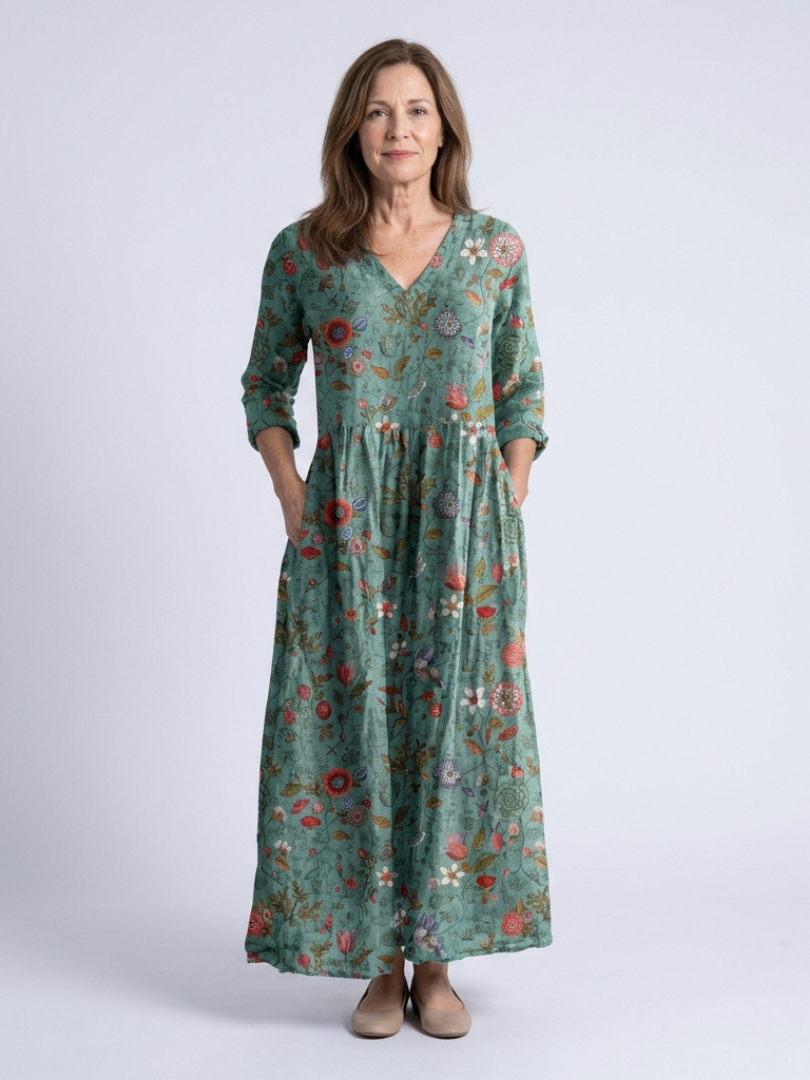 Marina | Vestido Maxi Floral con Escote en V y Mangas Tres Cuartos