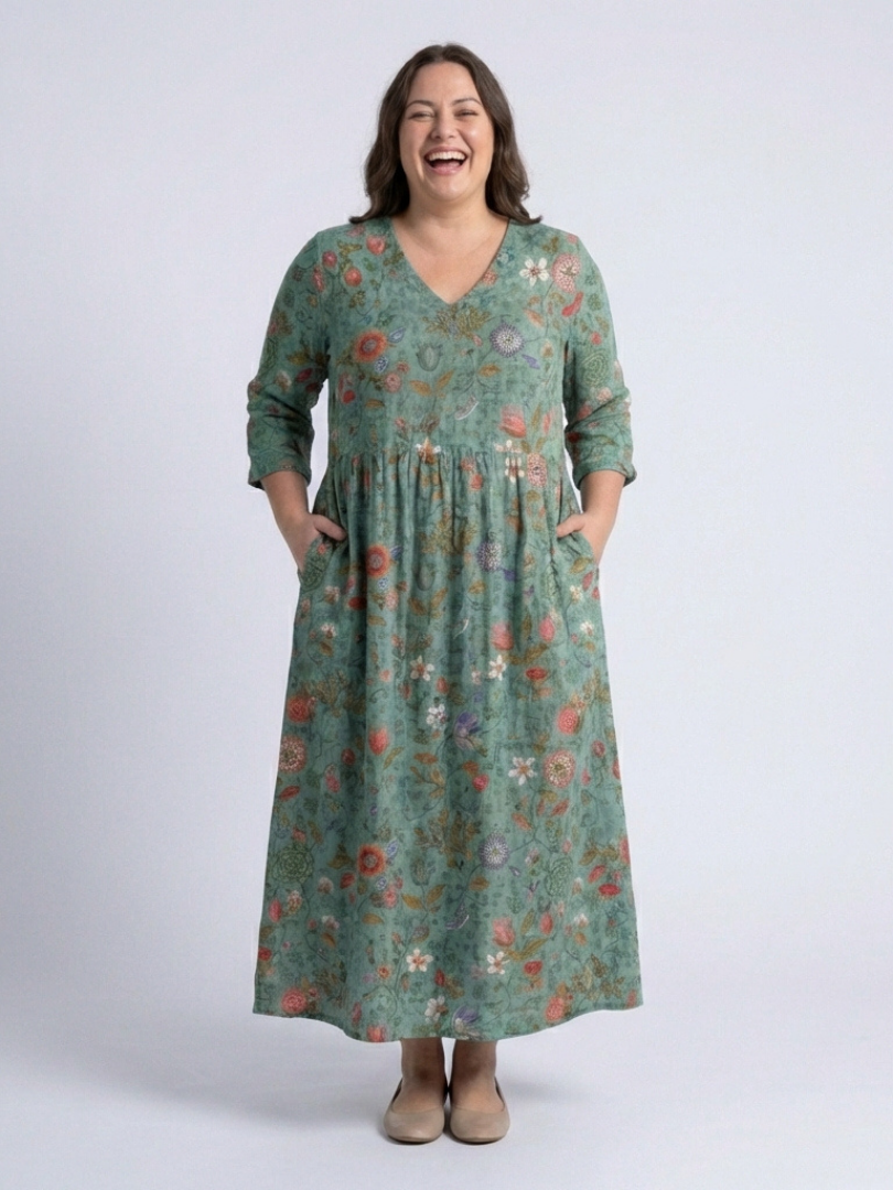 Marina | Vestido Maxi Floral con Escote en V y Mangas Tres Cuartos