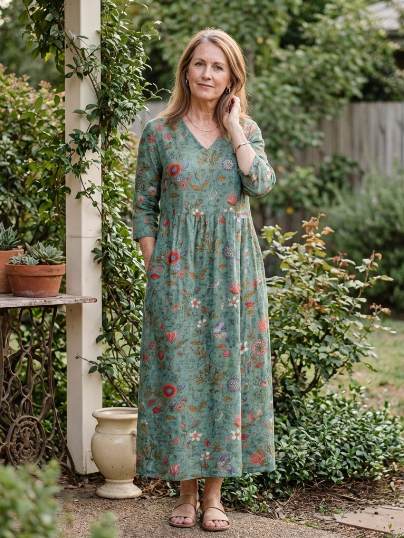 Marina | Vestido Maxi Floral con Escote en V y Mangas Tres Cuartos