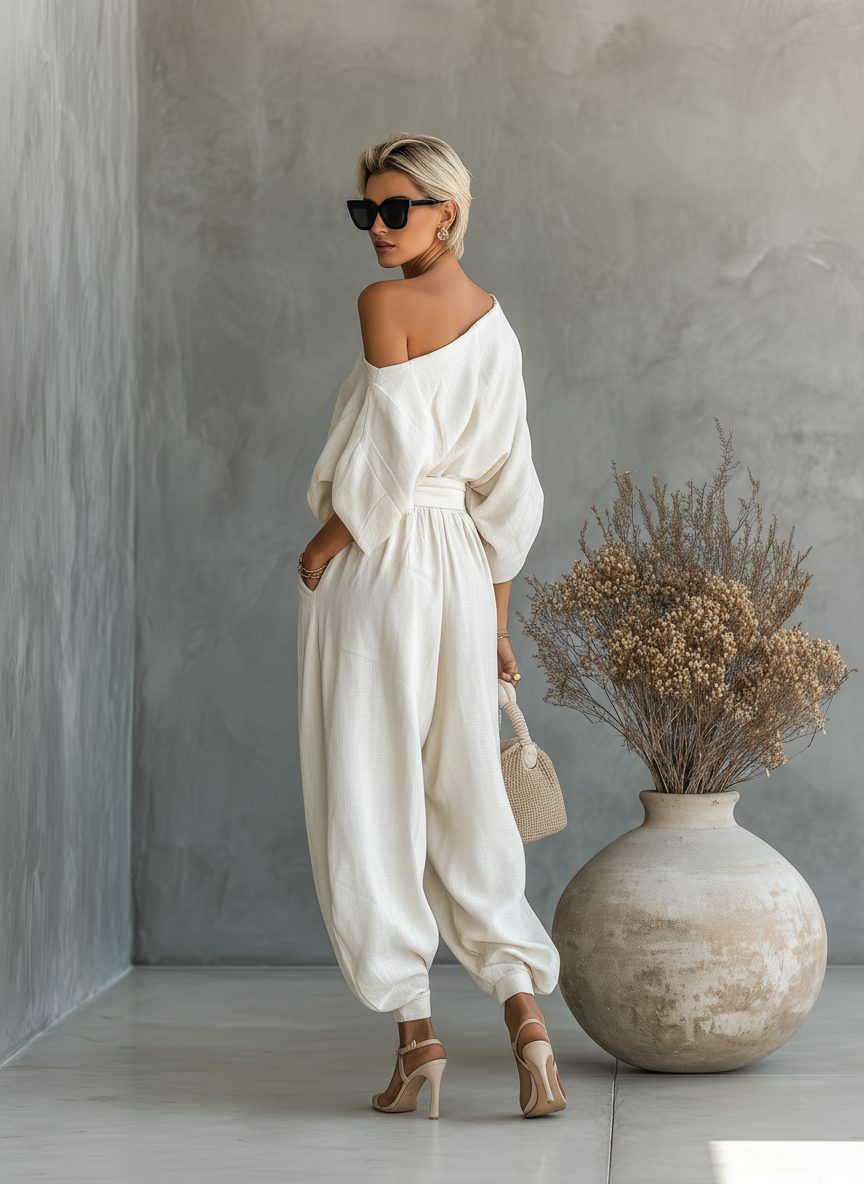 Lisa | Conjunto de Top Suave Off-Shoulder y Pantalones Tapered