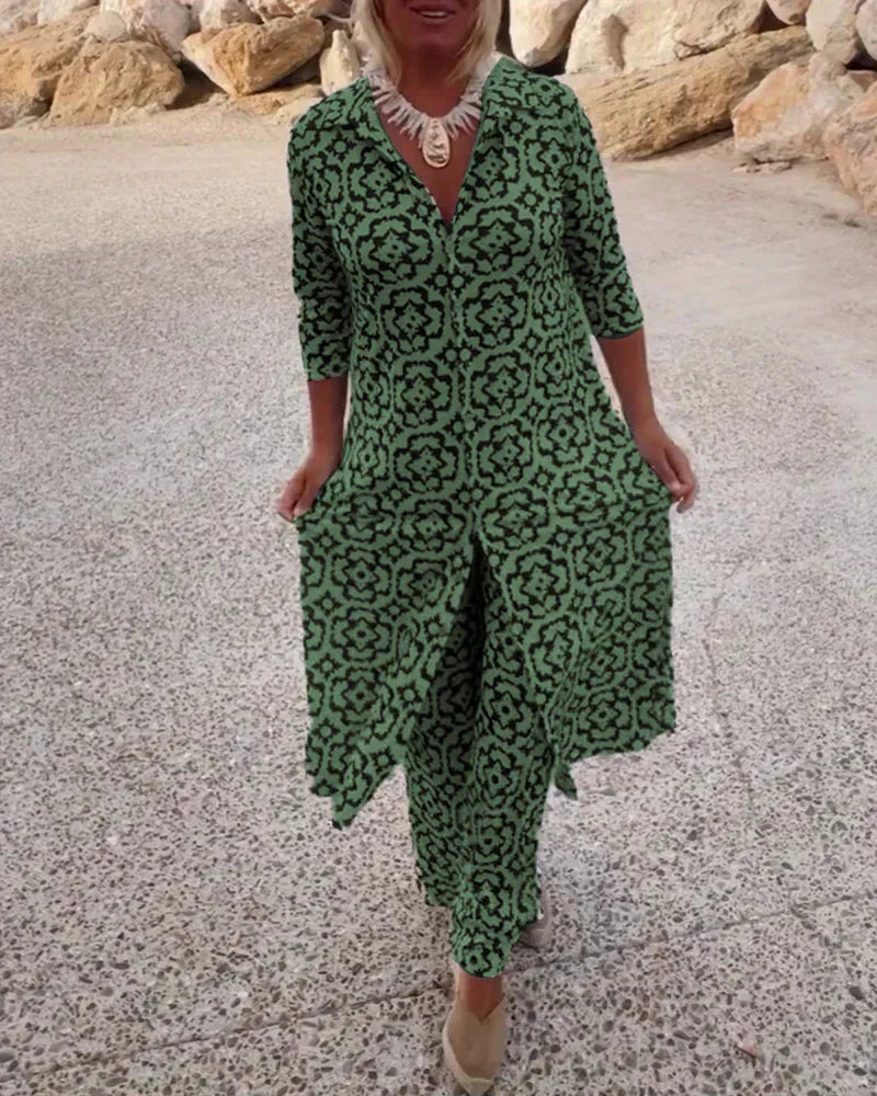 Sara | Conjunto de Túnica Bohemia de Estampado Geométrico y Pantalones de Pierna Ancha