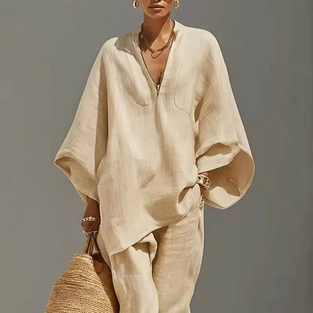 Marina | Conjunto de Top Relajado de Cuello en V y Pantalones de Pierna Ancha