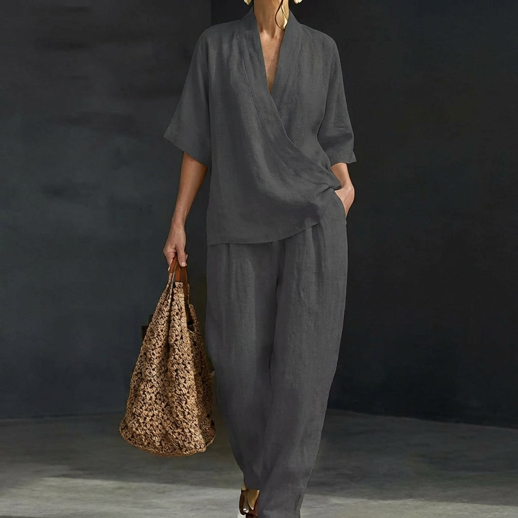 Dolores | Conjunto de Top Henley Relajado y Pantalones de Pierna Ancha