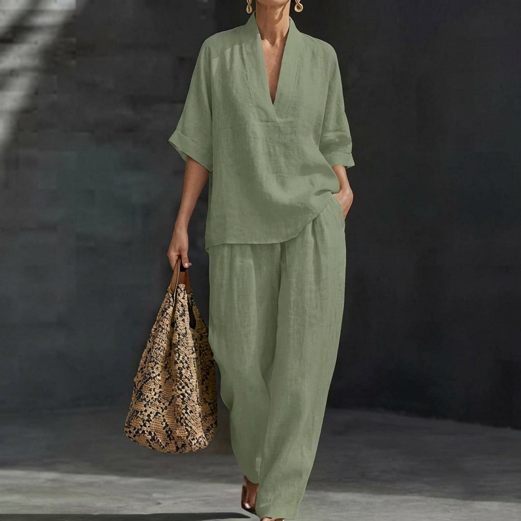Dolores | Conjunto de Top Henley Relajado y Pantalones de Pierna Ancha