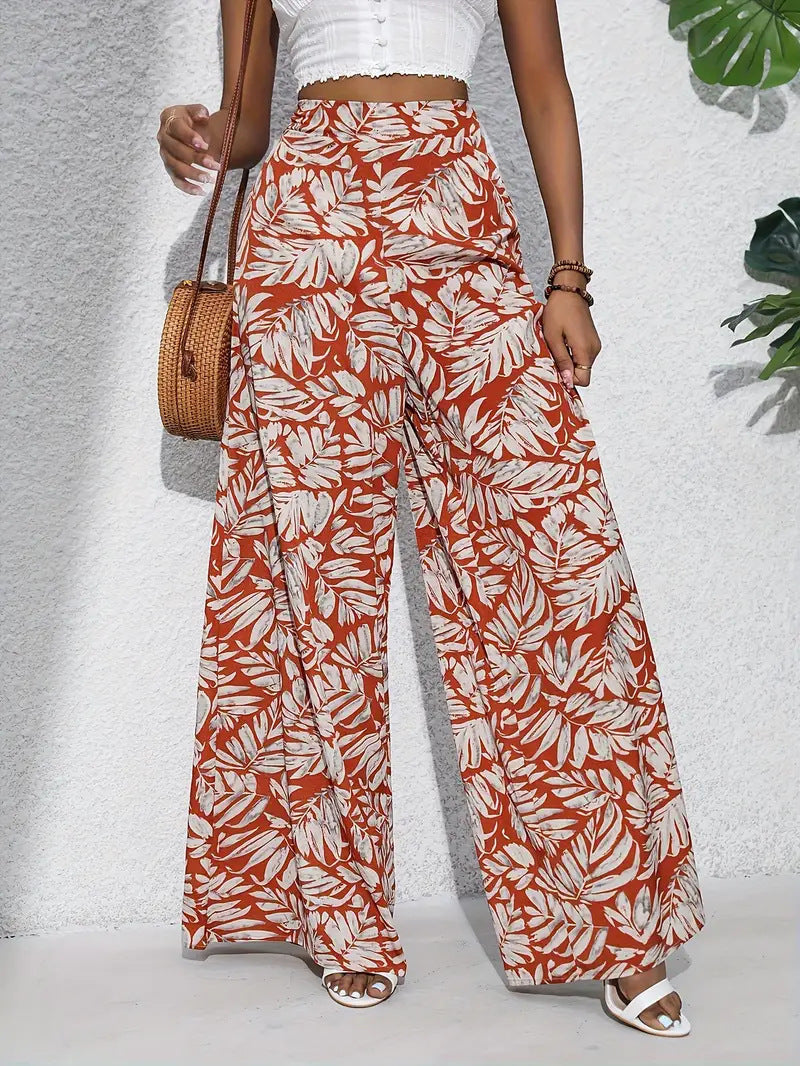 Pantalones Anchos de Flores Ligero de Cintura Alta