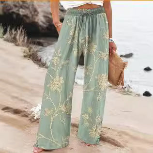 Pantalones Anchos de Flores Ligero de Cintura Alta Confort