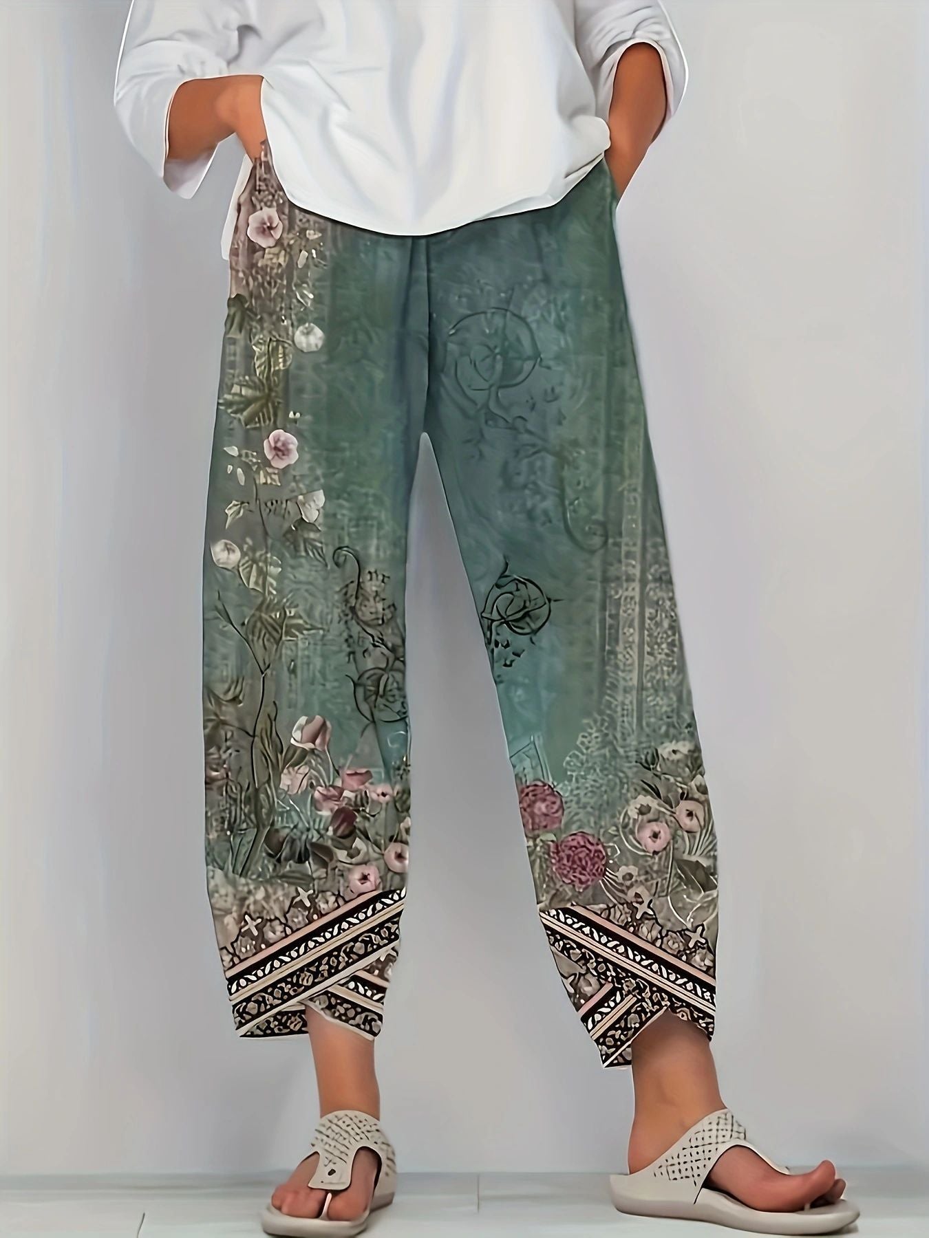 Pantalones de Pierna Ancha con Estampado Floral para Mujer de Corte Amplio