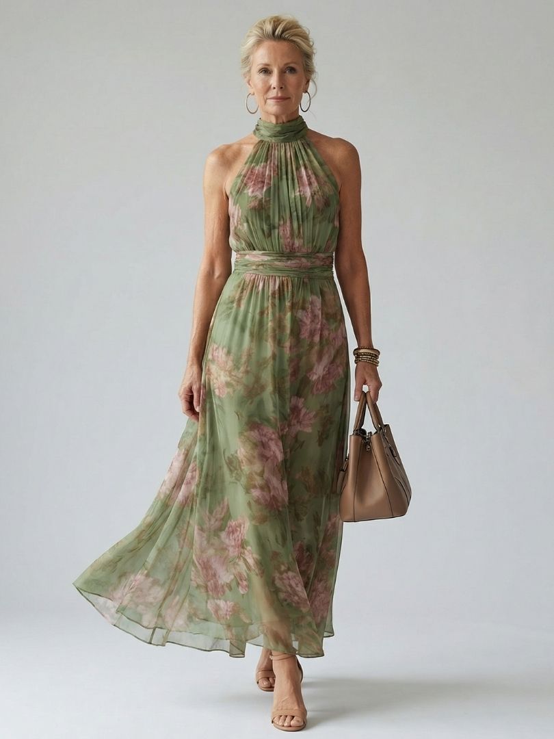 Mirelle | Vestido Midi con Escote Halter Plisado