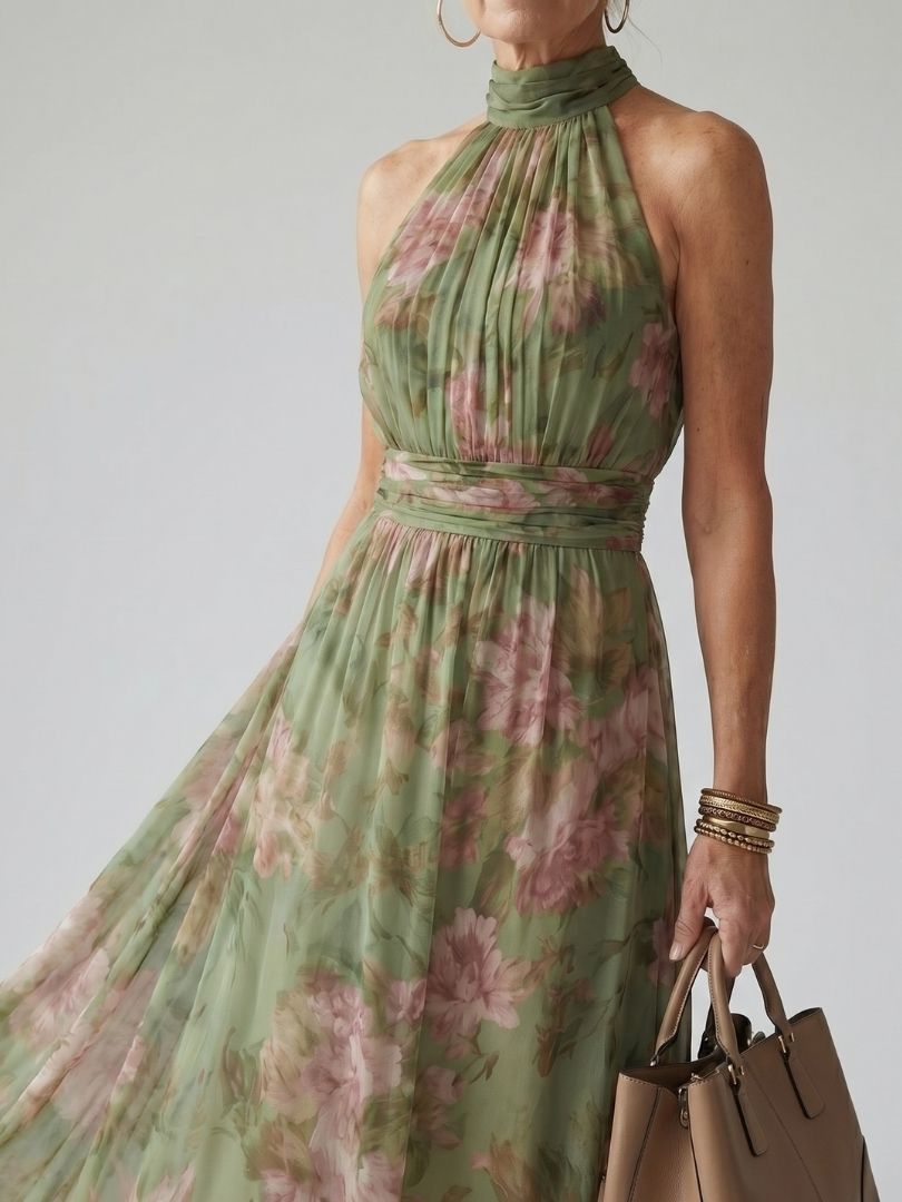 Mirelle | Vestido Midi con Escote Halter Plisado