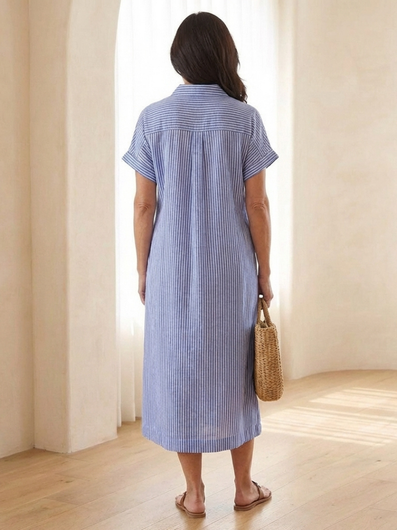 Linnea | Vestido Midi de Manga Corta con Botones Frontal a Rayas