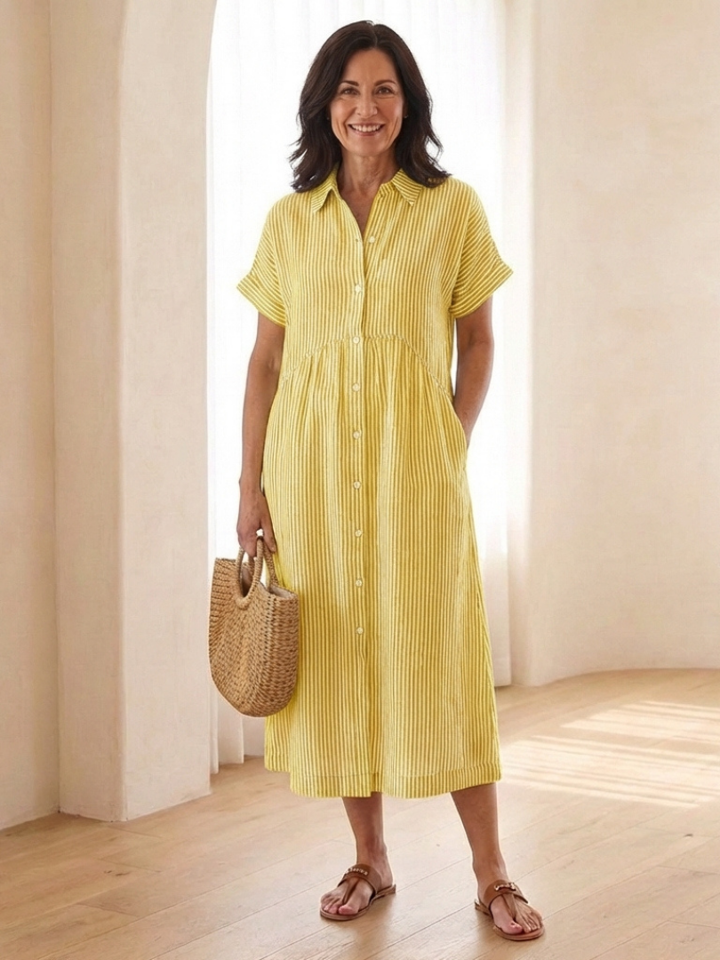 Linnea | Vestido Midi de Manga Corta con Botones Frontal a Rayas
