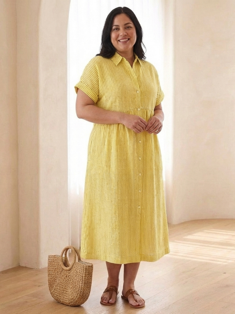 Linnea | Vestido Midi de Manga Corta con Botones Frontal a Rayas
