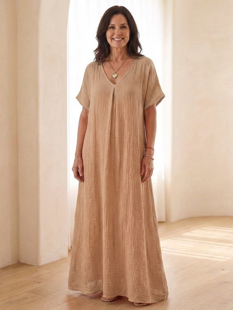 Liora | Vestido Midi de Manga Corta con Escote en V