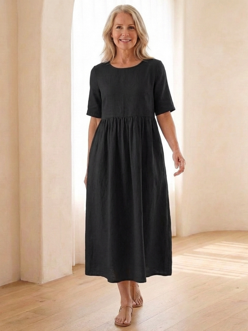 Maribel | Vestido Midi con Cuello Redondo y Manga Corta Fruncido