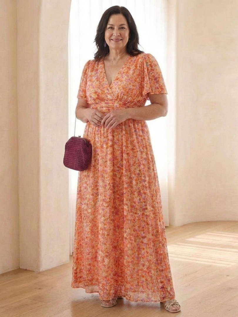 Maris | Vestido Maxi de Manga Corta con Escote en V Floral