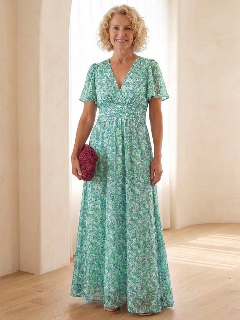 Maris | Vestido Maxi de Manga Corta con Escote en V Floral