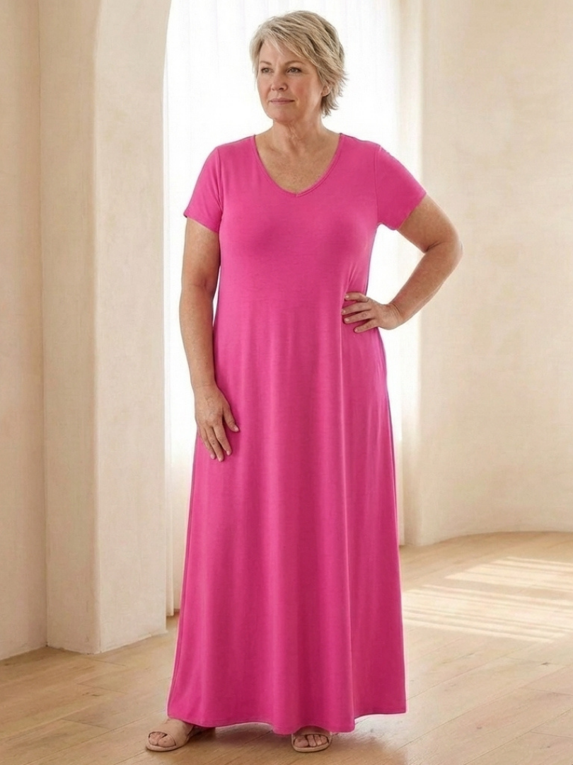 Samira | Vestido Maxi de Manga Corta con Escote en V y Bolsillos