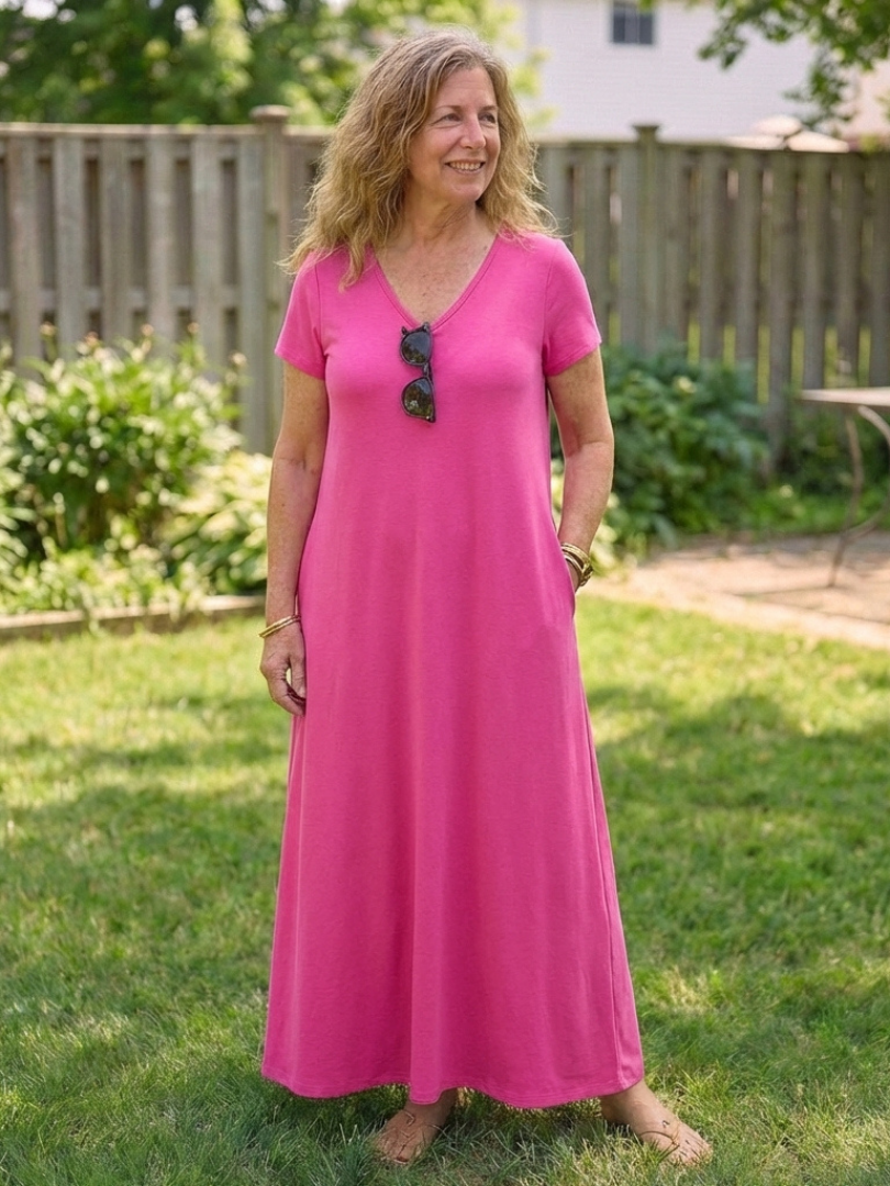 Samira | Vestido Maxi de Manga Corta con Escote en V y Bolsillos
