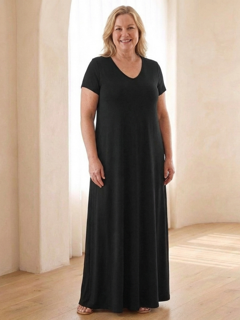 Samira | Vestido Maxi de Manga Corta con Escote en V y Bolsillos