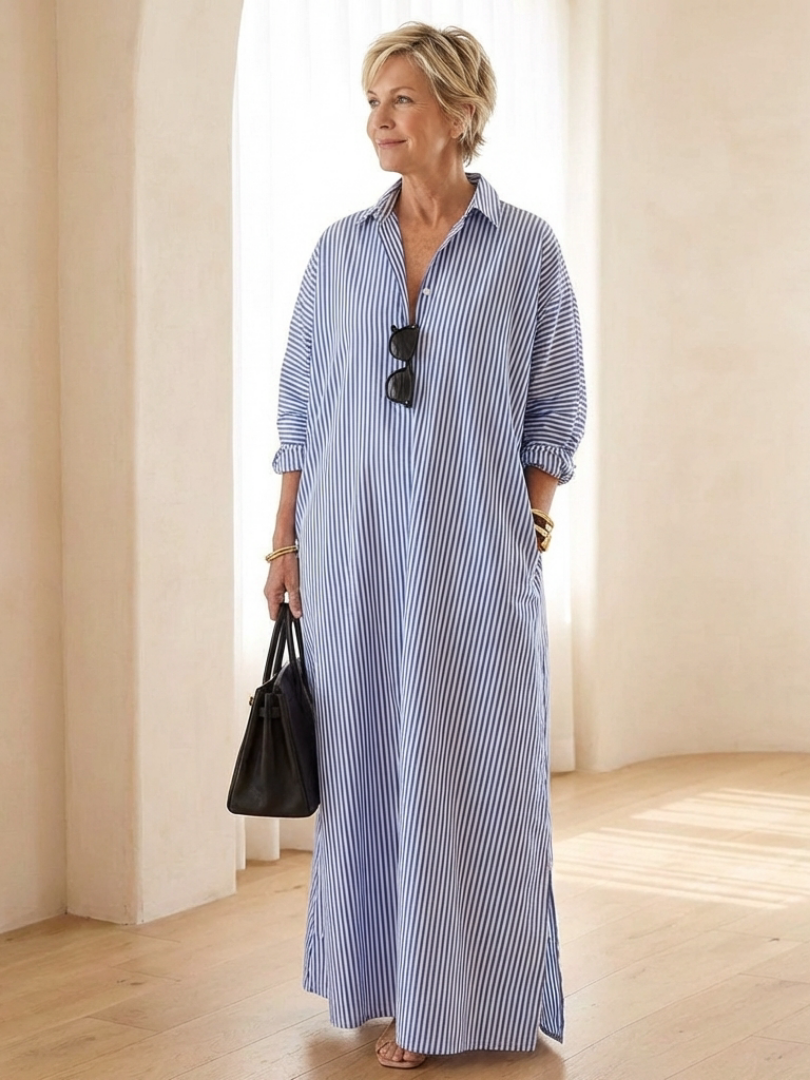 Serina | Vestido Camisa Maxi de Manga Larga a Rayas