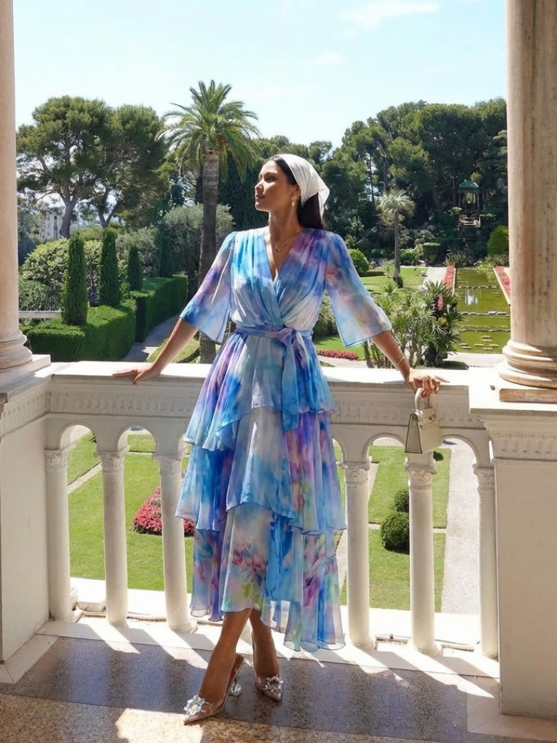 Calista | Vestido Maxi de Capa Transparente con Escote en V y Cintura con Botón