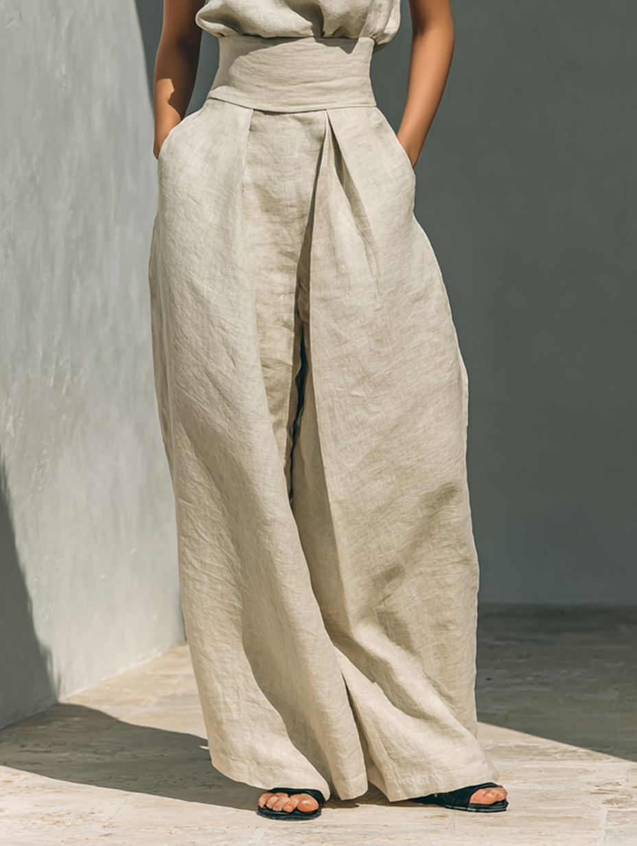 Aurora | Conjunto de Co-Ord de Pierna Ancha Beige Relajado Sin Mangas