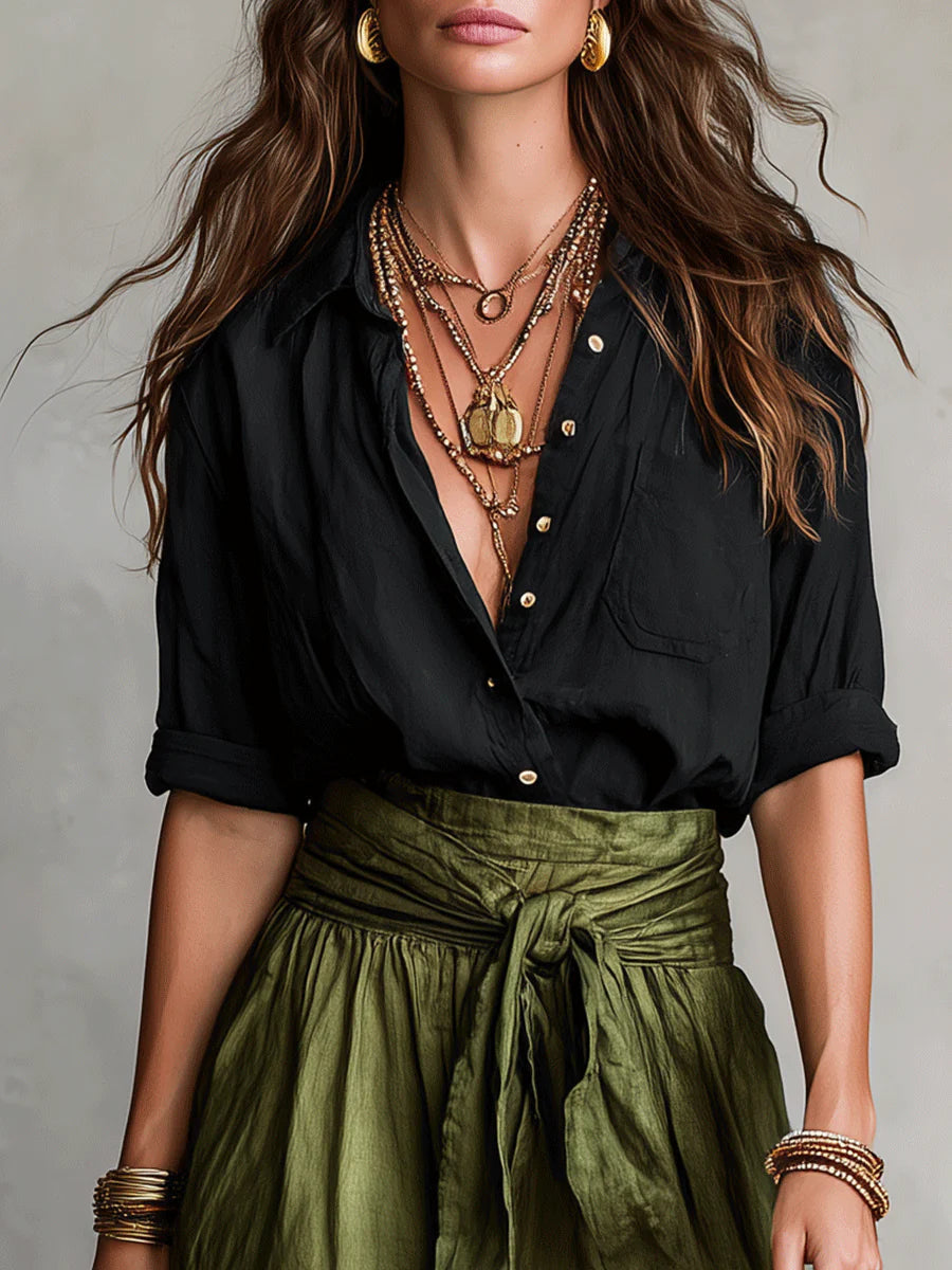 Camiseta Negra y Falda Midi Verde Oliva Conjunto de Dos Piezas