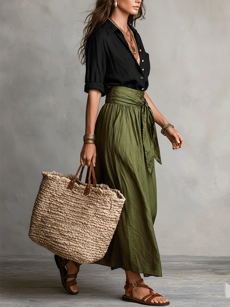Camisa Negra y Falda Midi Verde Oliva Conjunto de Dos Piezas