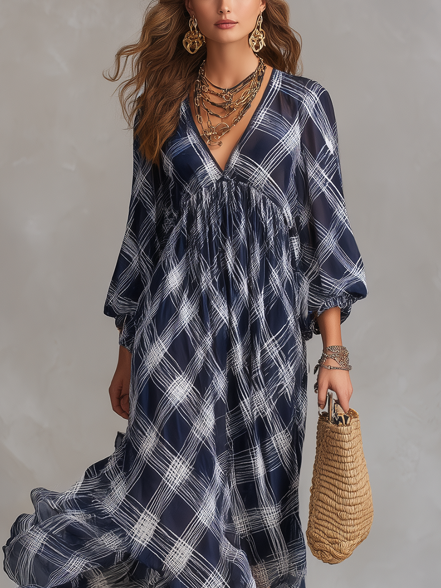 Vestido Maxi Fluido a Rayas en Azul Marino de Estilo Francés