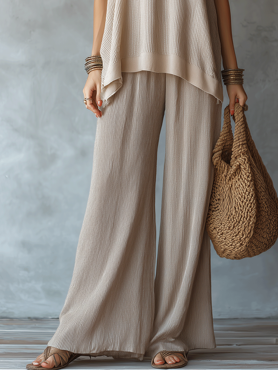 Conjunto de Top Sin Mangas Texturizado Boho Sin Esfuerzo y Pantalones Anchos