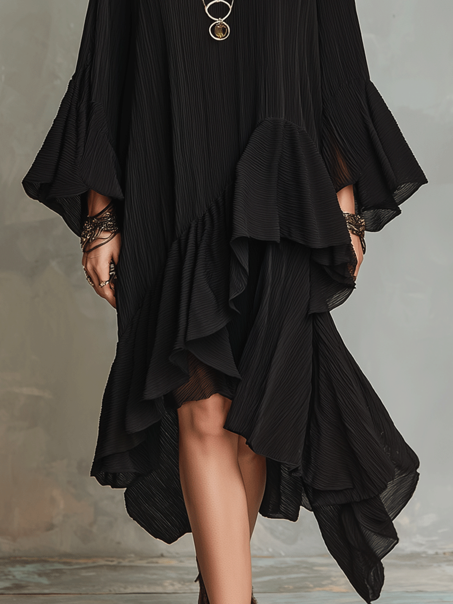 Elegante Vestido Midi Boho Negro con Volantes Asimétricos