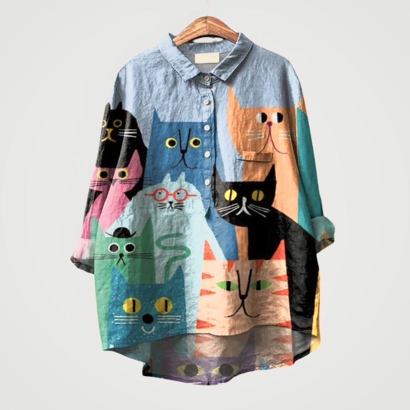Liliana™ | Blusa de Lino Atemporal con Gatos Coloridos para Comodidad