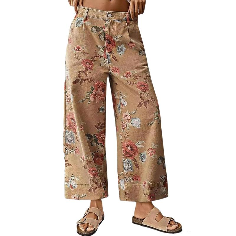 Pantalones Casual de Pierna Ancha Floral de Cintura Alta