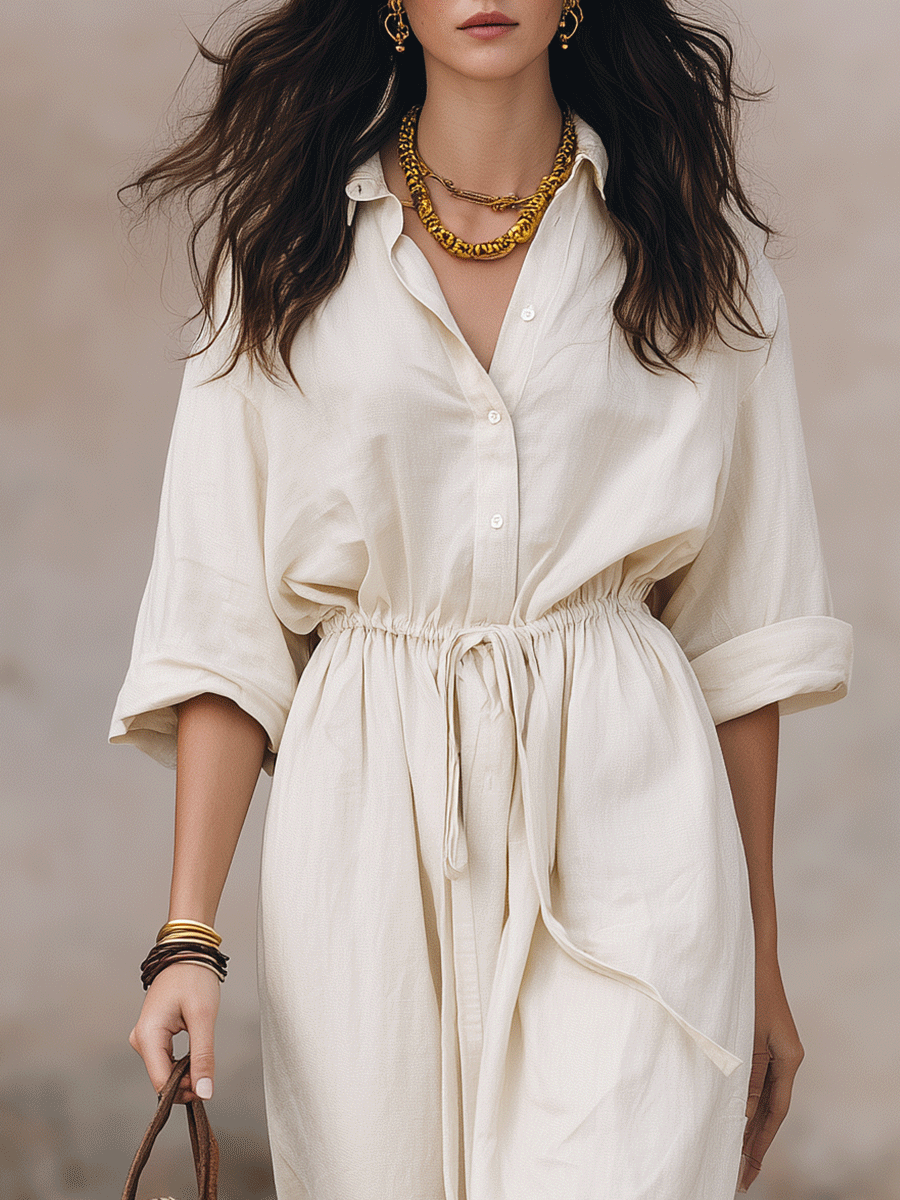 Vestido Maxi Camisero Bohemio Sin Esfuerzo con Cinta en la Cintura