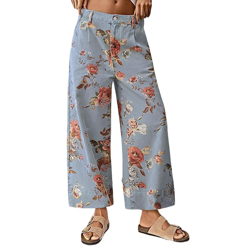 Pantalones Casual de Pierna Ancha Floral de Cintura Alta