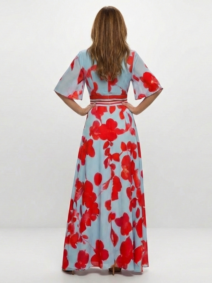 Corinne | Vestido Maxi de Flores con Cuello en V y Mangas Cortas
