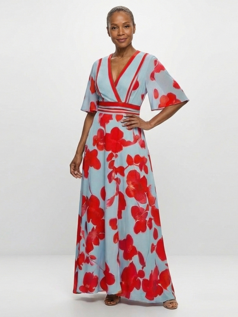 Corinne | Vestido Maxi Floral de Manga Corta con Escote en V