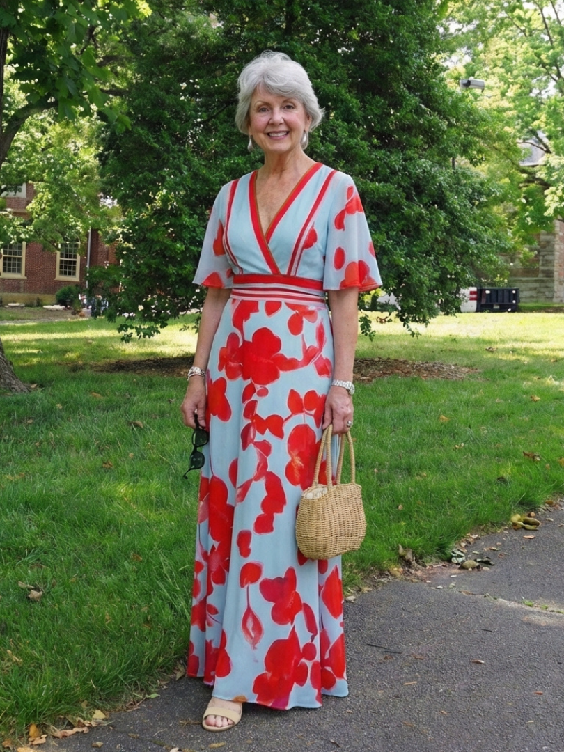 Corinne | Vestido Maxi de Flores con Cuello en V y Mangas Cortas